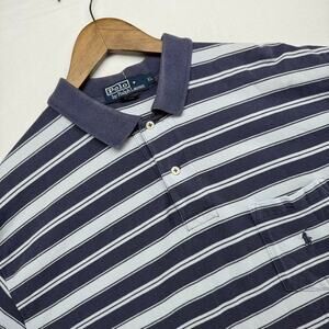 Vintage Ralph Lauren Polo Shirt Men's XL Blue Striped Colorblock Knit Pony 90s
